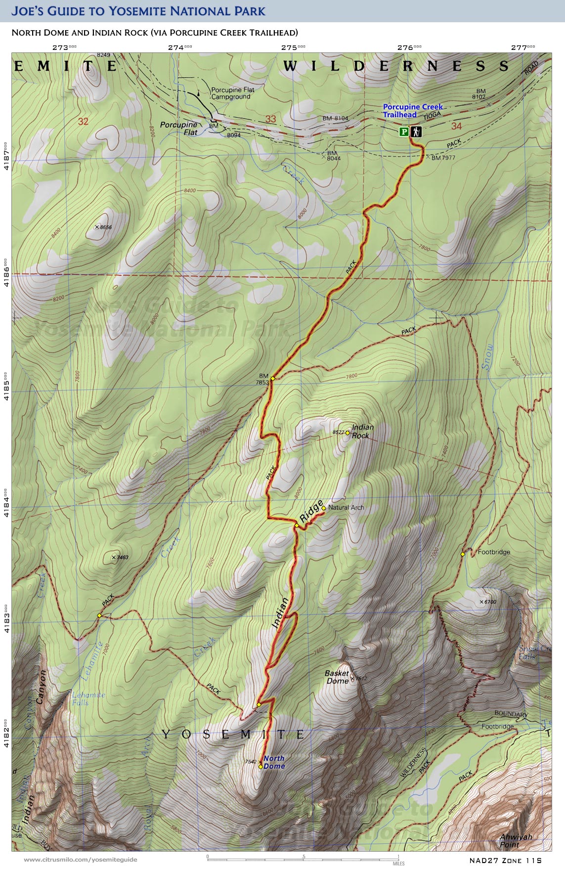 Printable topographic map with UTM grid for North Dome (and Indian Rock) (Yosemite National Park)