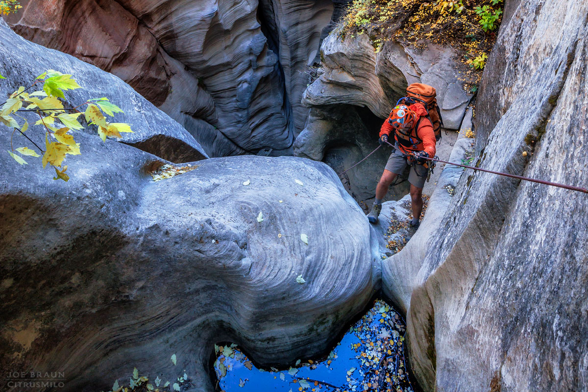 a long rappel in the heart of Boundary Canyon (Zion National Park) -- &copy; 2024 Joe Braun Photography