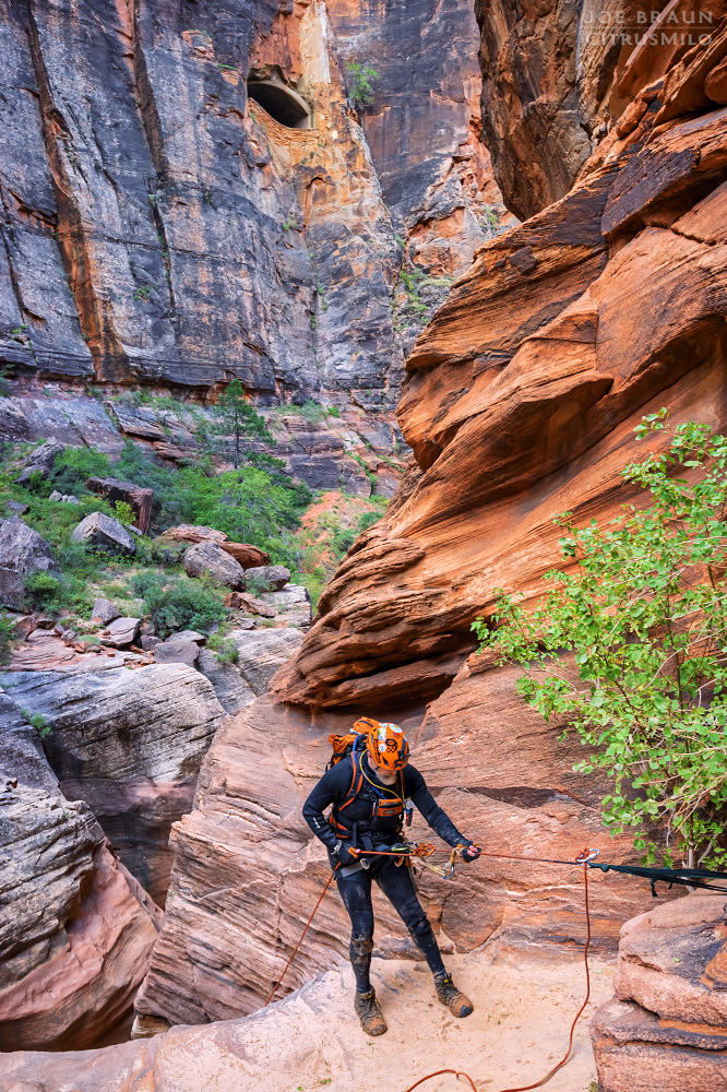 Pine Creek rappel with the tunnel window (Zion National Park) -- &copy; 2024 Joe Braun Photography