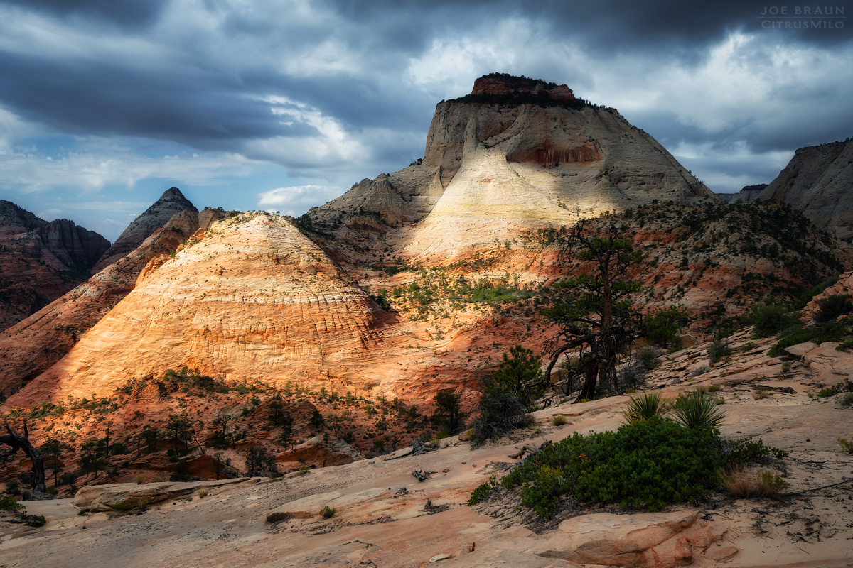 East Temple lit up by spotlight from Progeny Peak (Zion National Park) -- &copy; 2025 Joe Braun Photography