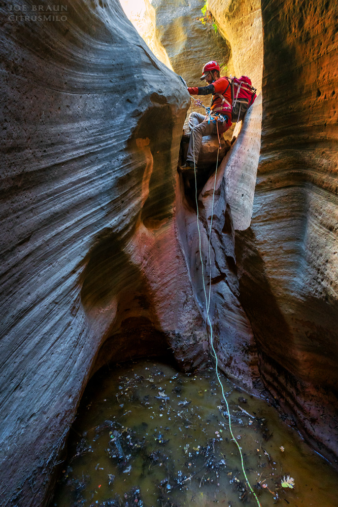a short rappel in Walker Gulch (Zion National Park) -- &copy; 2025 Joe Braun Photography