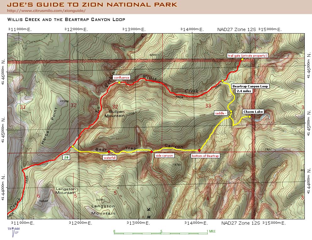 Printable topographic map with UTM grid for the Beartrap Canyon Loop Route (Zion National Park)