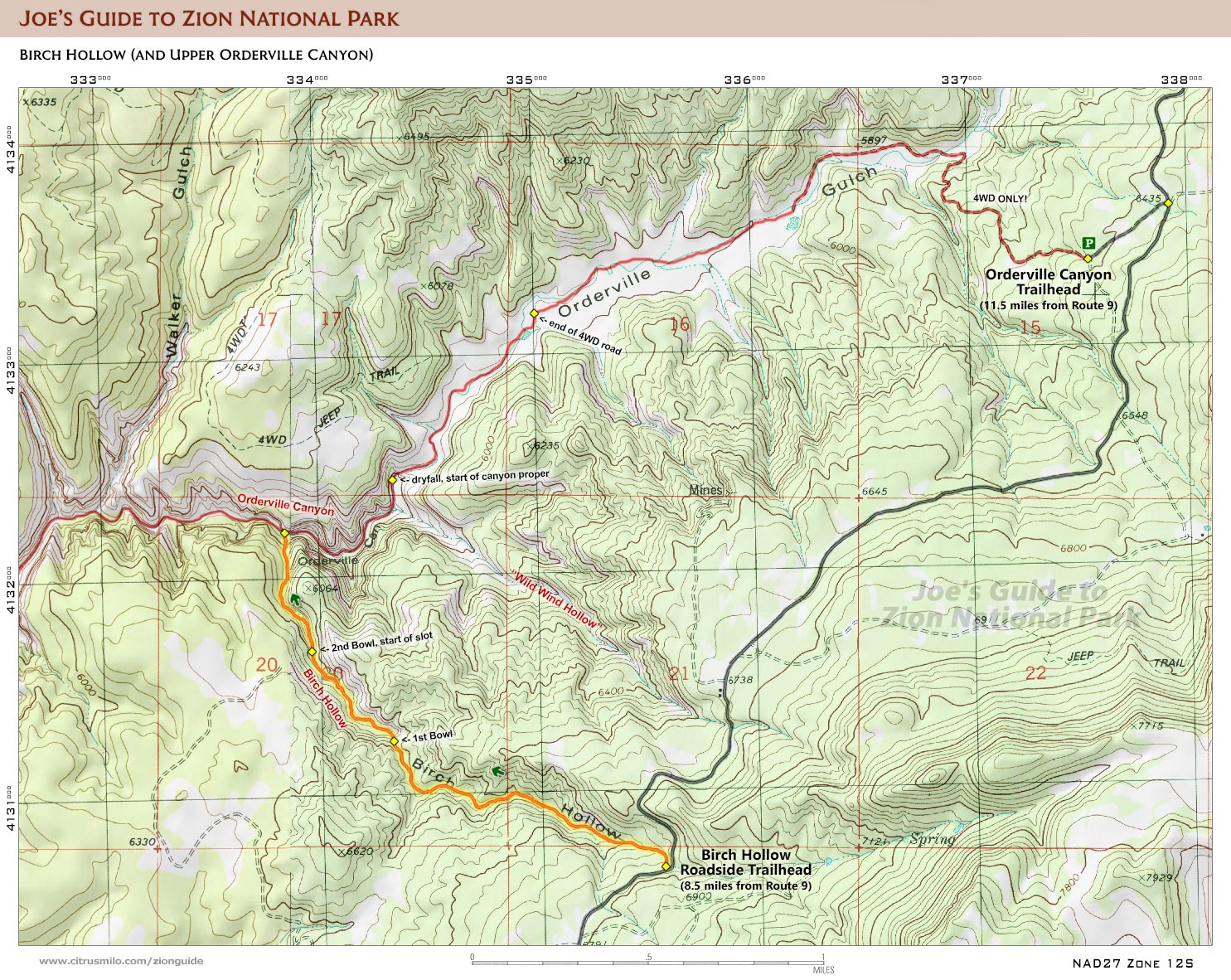 Printable topographic map with UTM grid for Birch Hollow (Zion National Park)