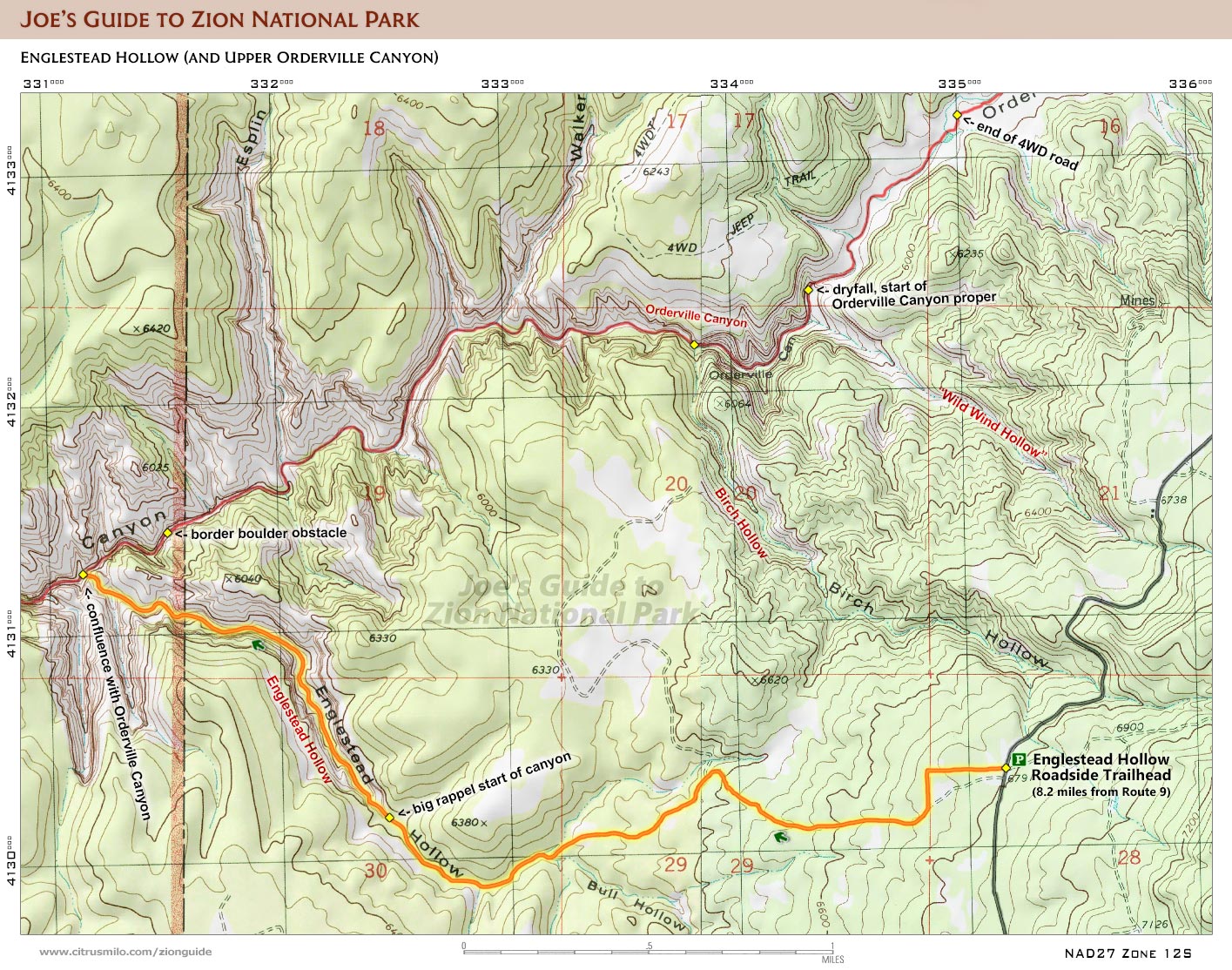 Printable topographical map for the Englestead Hollow canyoneering route (Zion National Park)