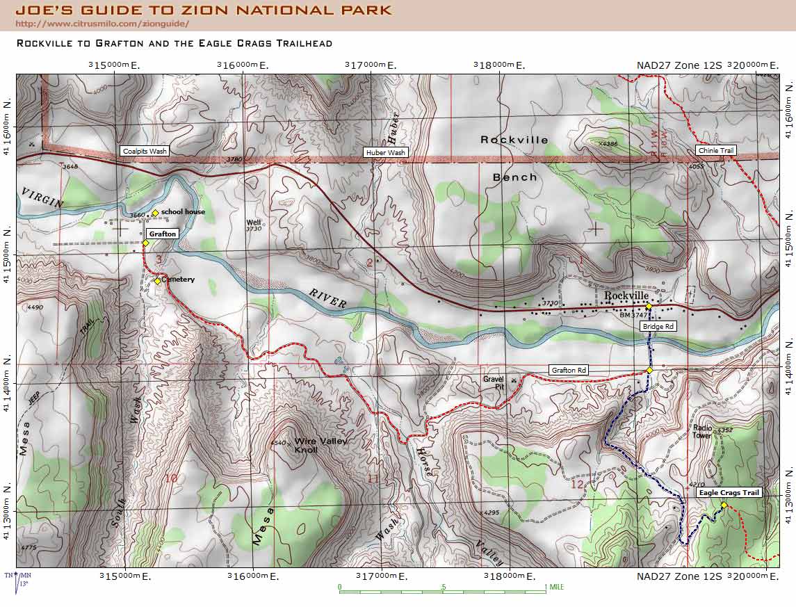 Printable topographic map with UTM grid for Grafton Ghost Town (Zion National Park)