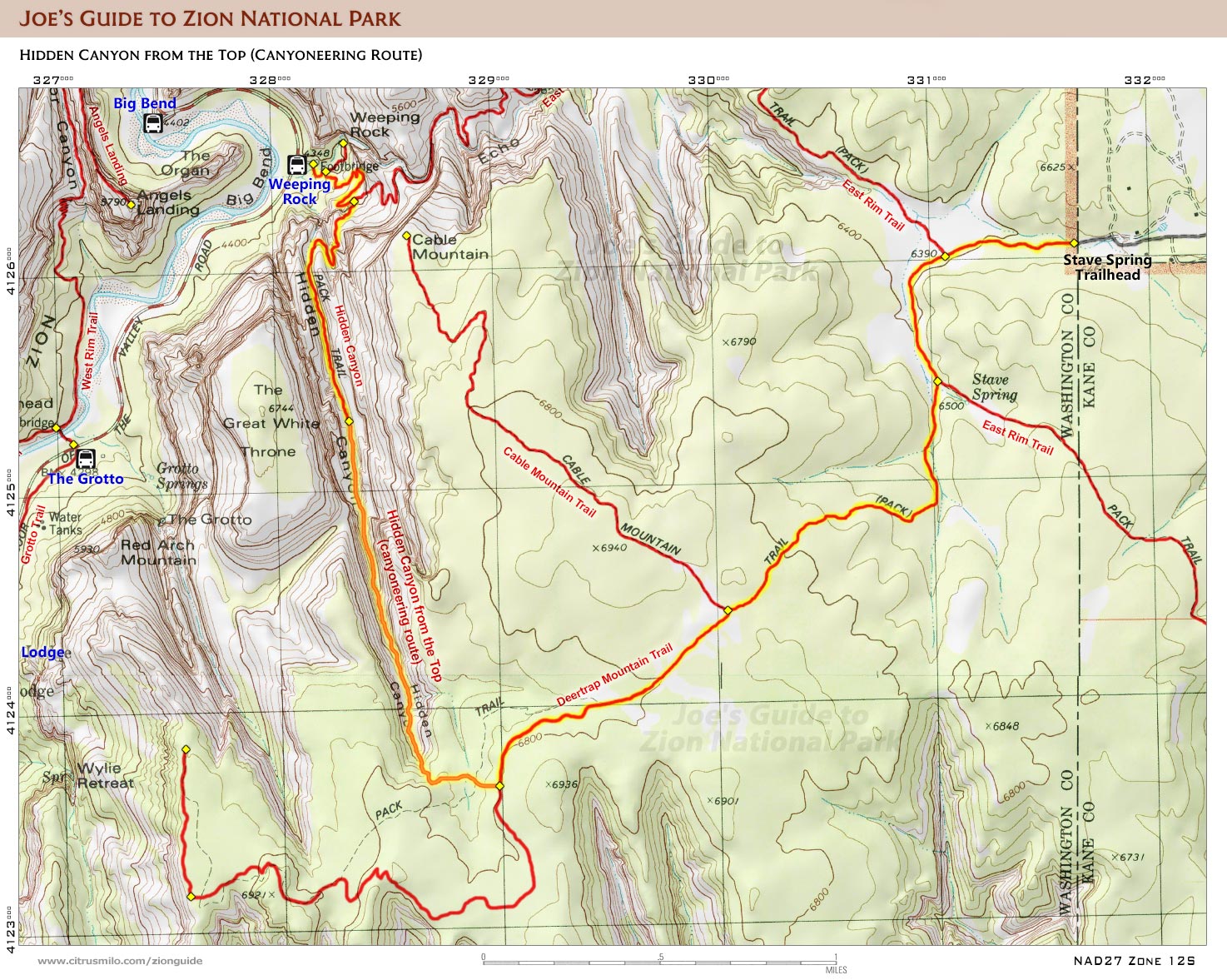 Printable topographic map with UTM grid for Hidden Canyon from the Top (Zion National Park)