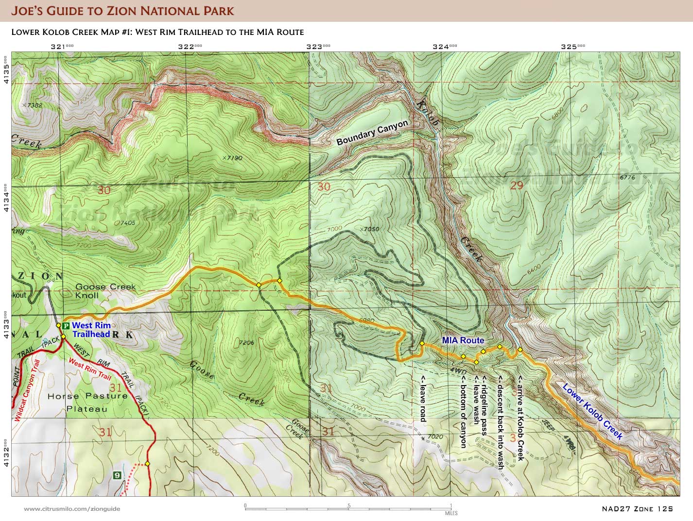Printable topographic map with UTM grid for driving the North Fork Road (Zion National Park)