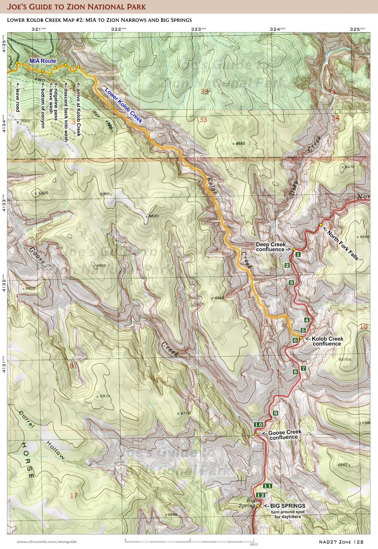 Printable topographic map with UTM grid for driving the North Fork Road (Zion National Park)