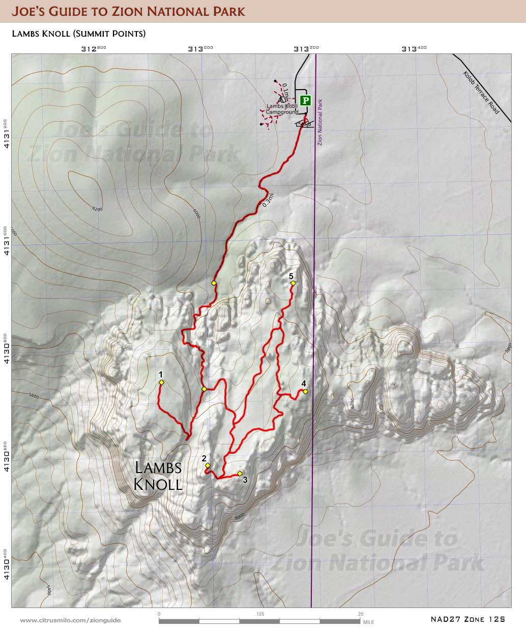 Printable topographic map with UTM grid for Lambs Knoll located near Cave Valley (Zion National Park)