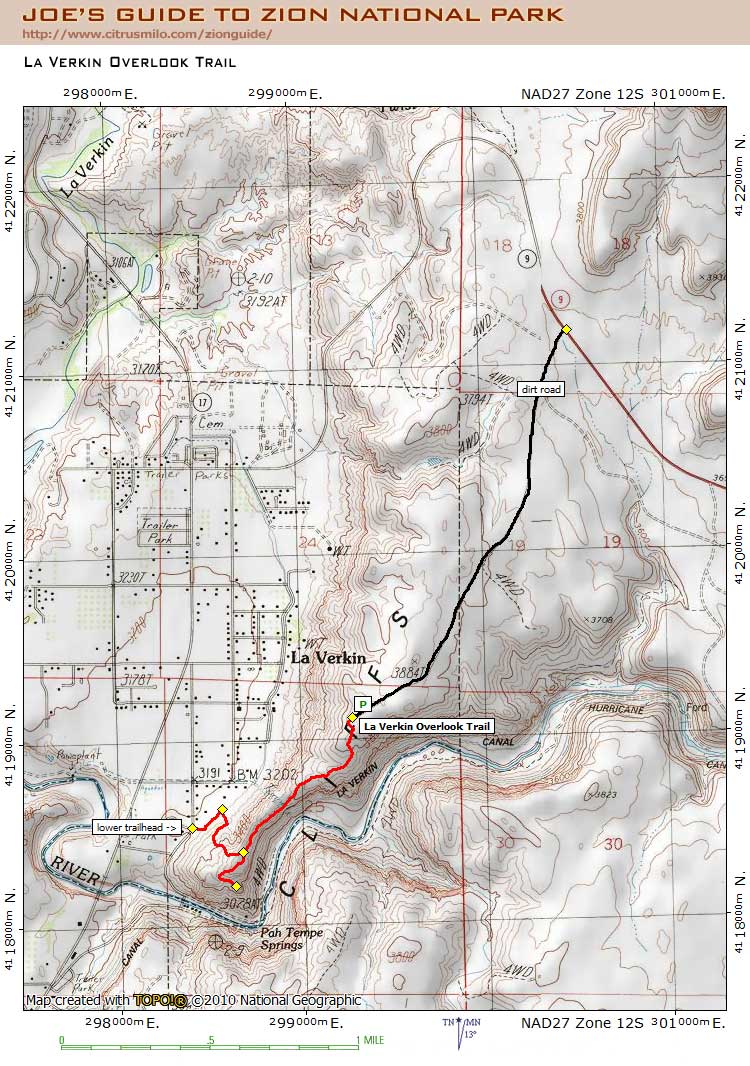 Printable topographic map with UTM grid for La Verkin Overlook Trail (Zion National Park)