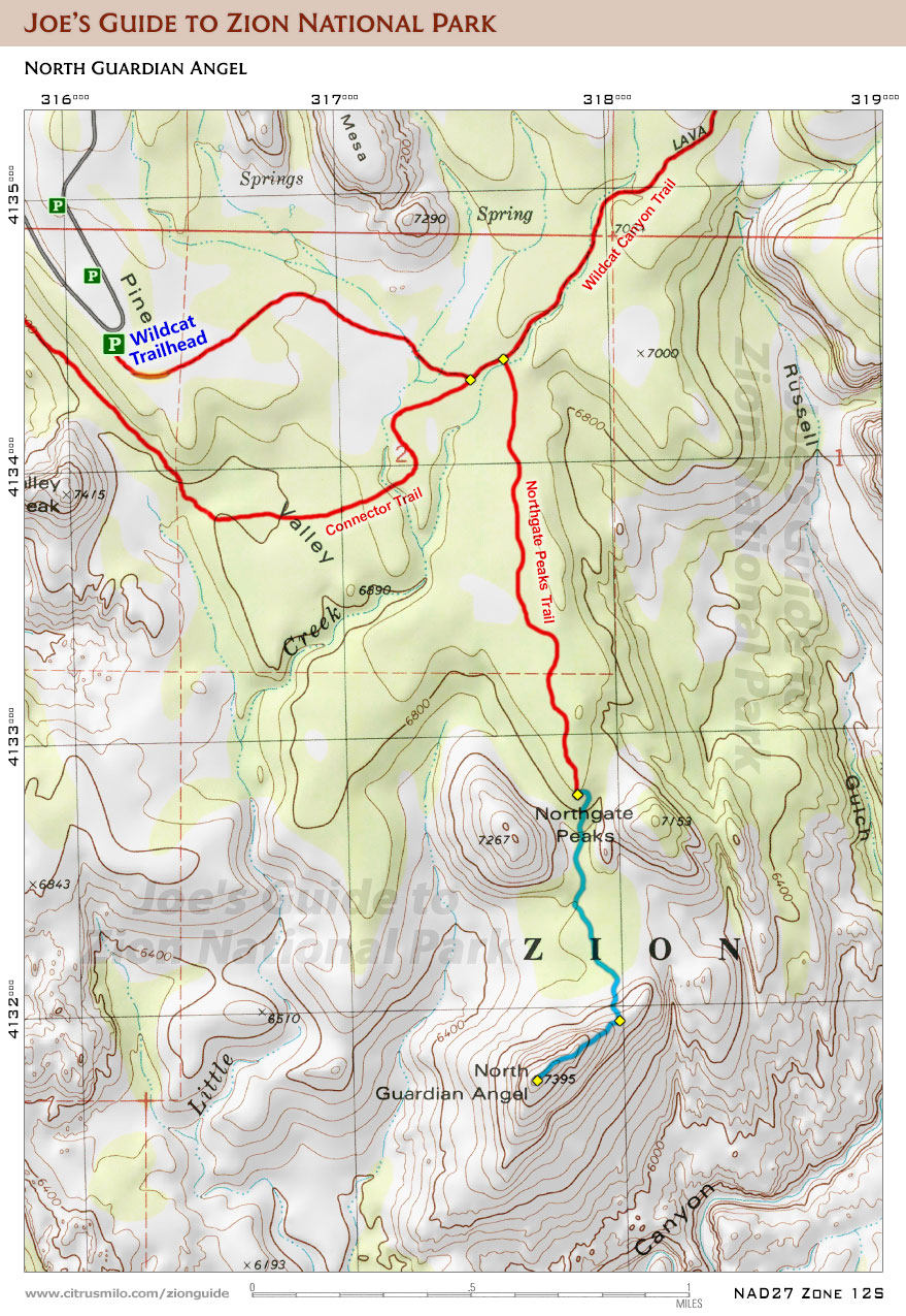 Printable topographic map with UTM grid for North Guardian Angel (Zion National Park)