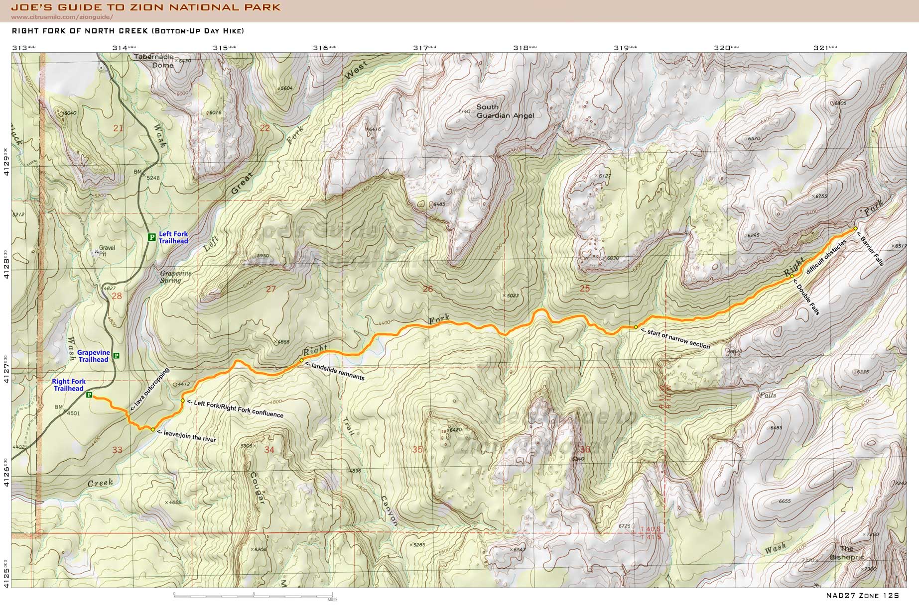 Printable topographic map with UTM grid for the Right Fork of North Creek (Day Hike) (Zion National Park)