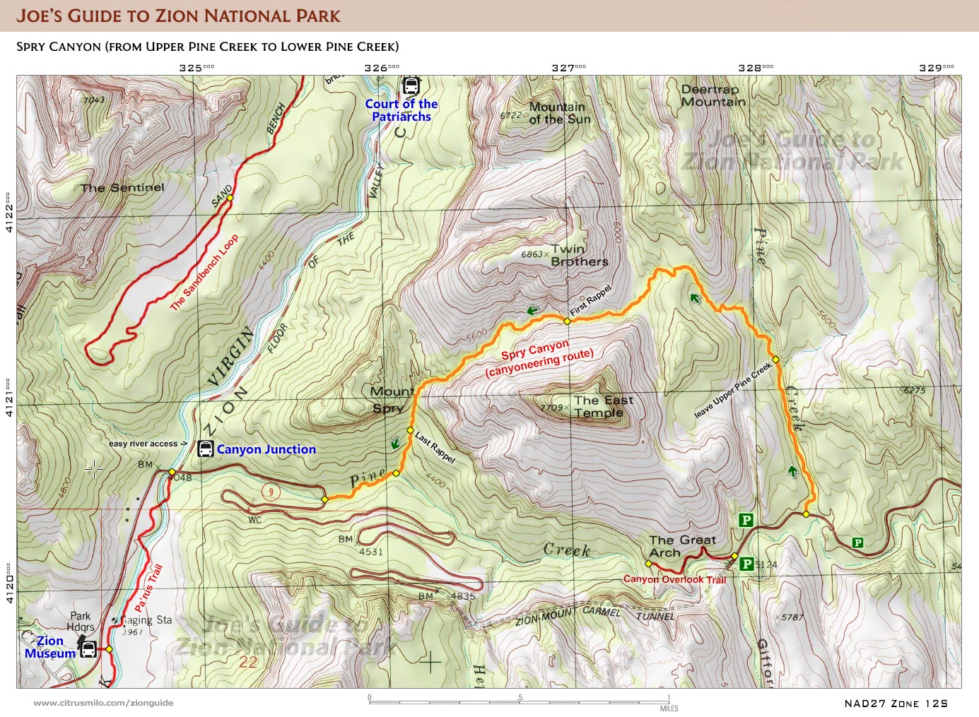 Printable topographic map with UTM grid for Spry Canyon canyoneering route (Zion National Park)