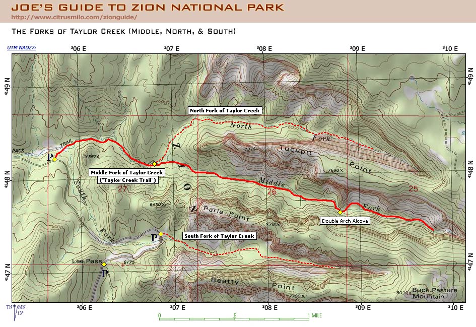 Printable topographic map with UTM grid for the South Fork of Taylor Creek (Zion National Park)