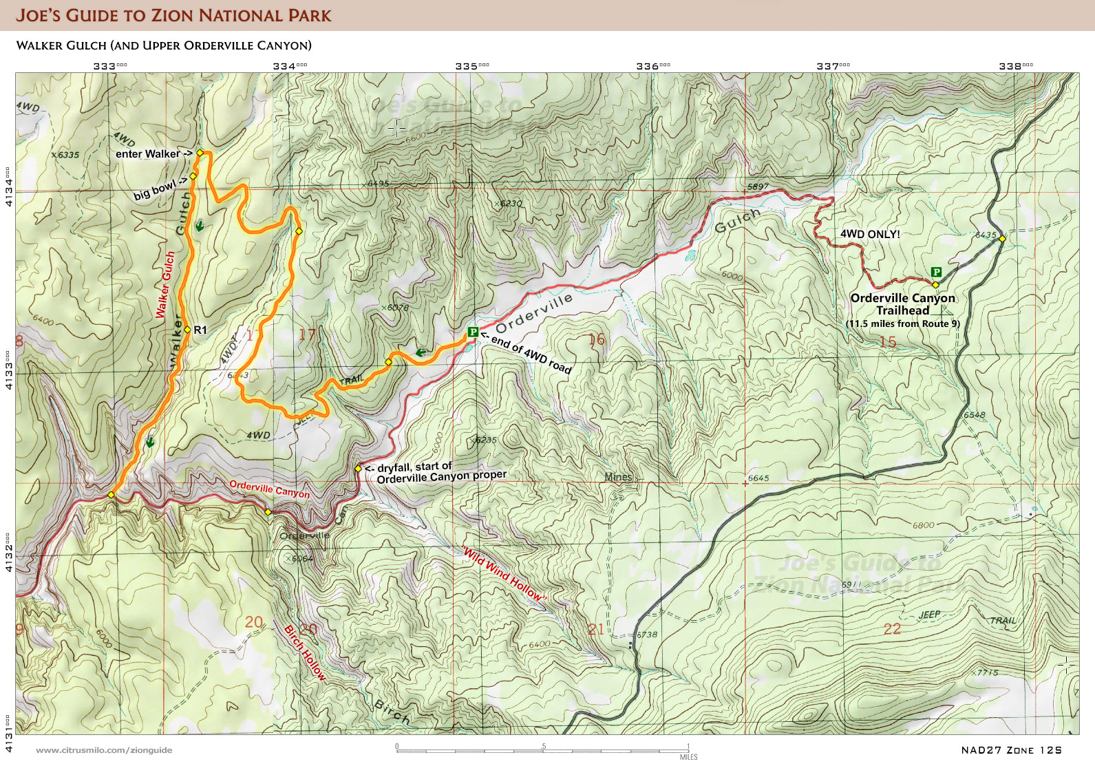 Printable topographic map with UTM grid for Walker Gulch (Zion National Park)