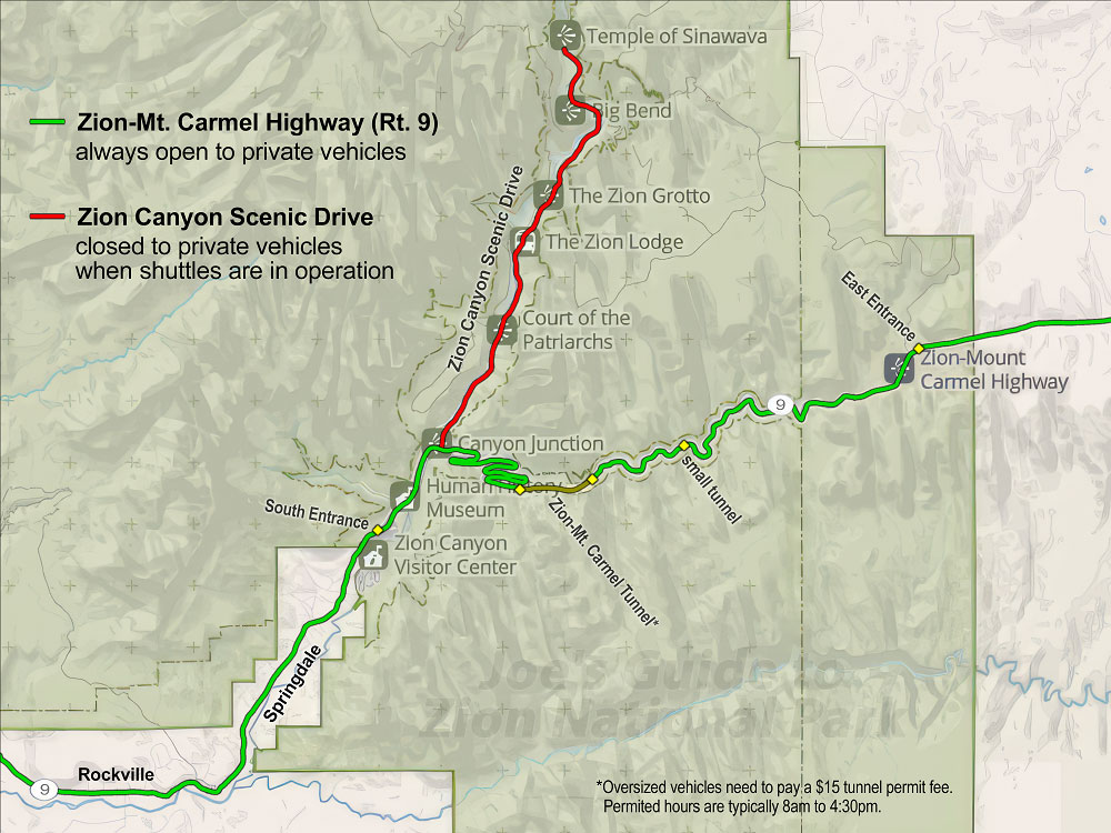 Map showing Route 9 and Zion Canyon Scenic Drive, where you can drive when the shuttles are in operation