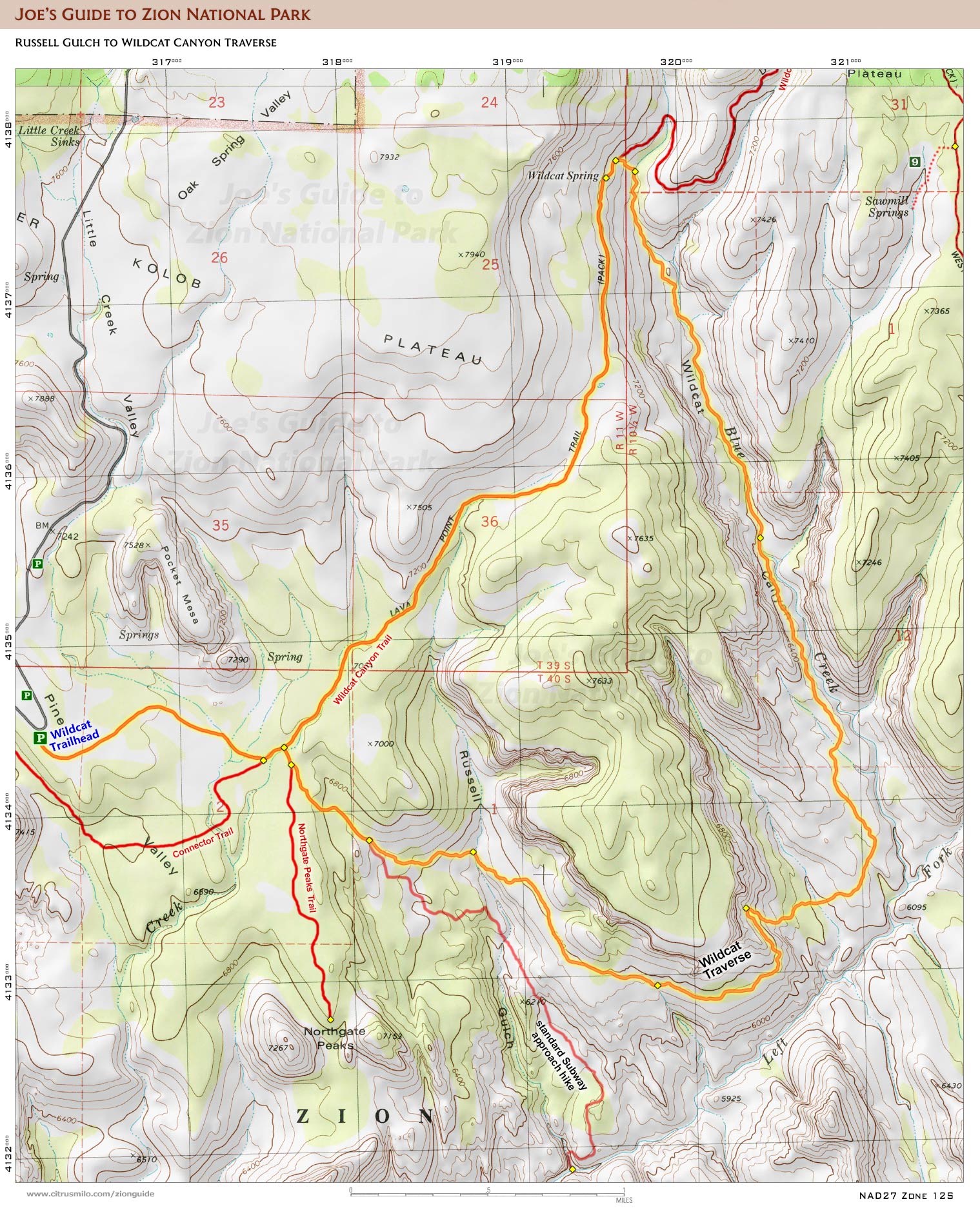 Printable topographic map with UTM grid for the Wildcat Traverse (Zion National Park)